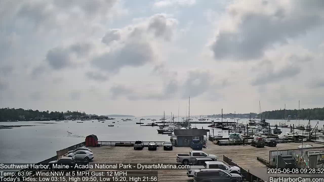 A harbor filled with numerous boats under a partly cloudy sky.
