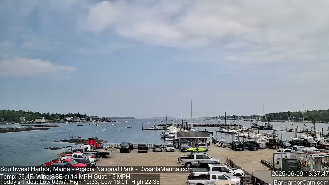 A partly cloudy day reveals a harbor filled with boats and cars parked along a waterfront dock.