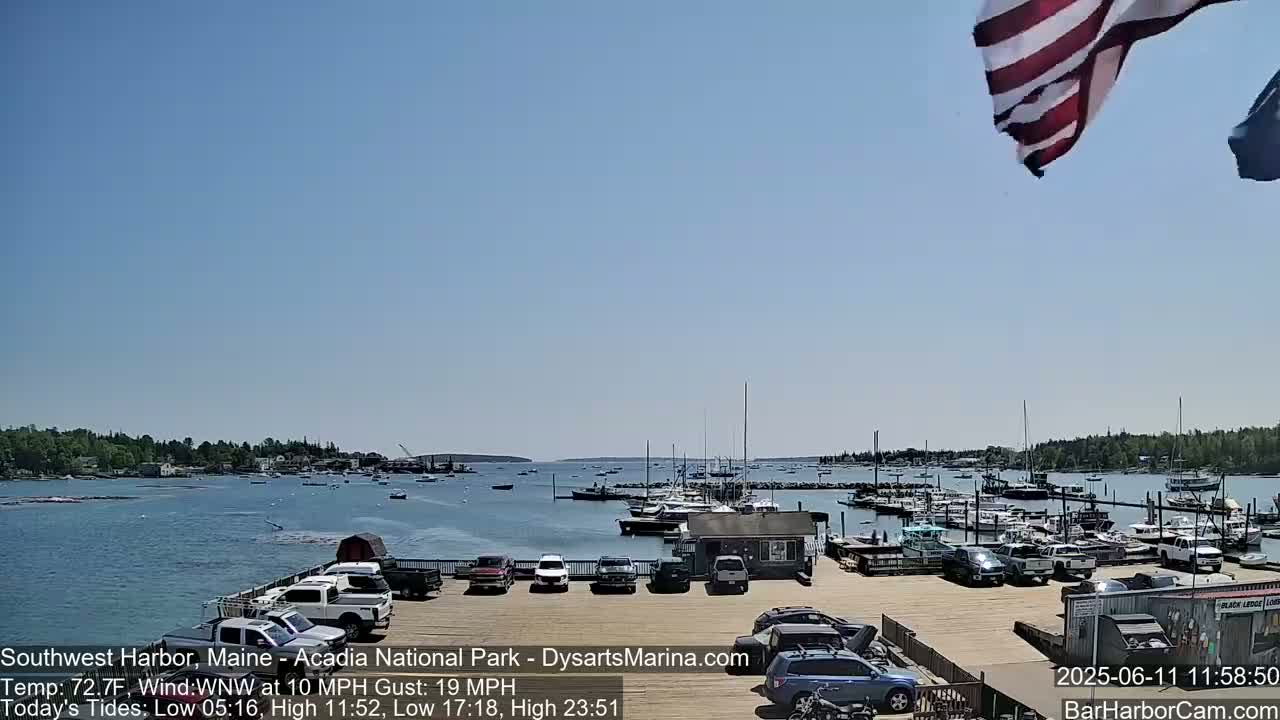 A harbor filled with boats and cars in a parking lot on a sunny day with a moderate wind.