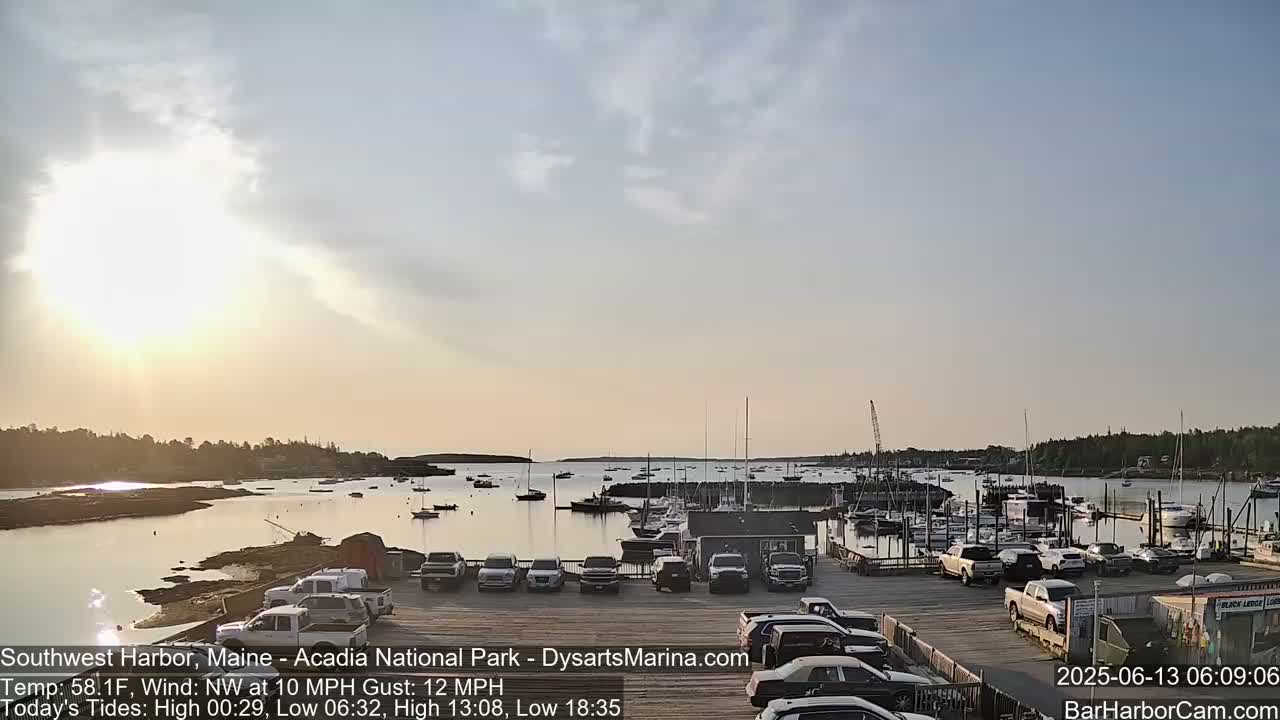 A calm harbor with numerous boats and cars parked in a lot, under a partly sunny sky.