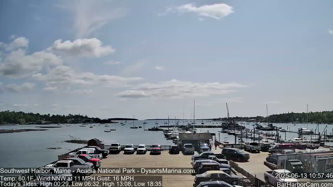A partly cloudy day overlooks a harbor filled with boats and a parking lot of cars.