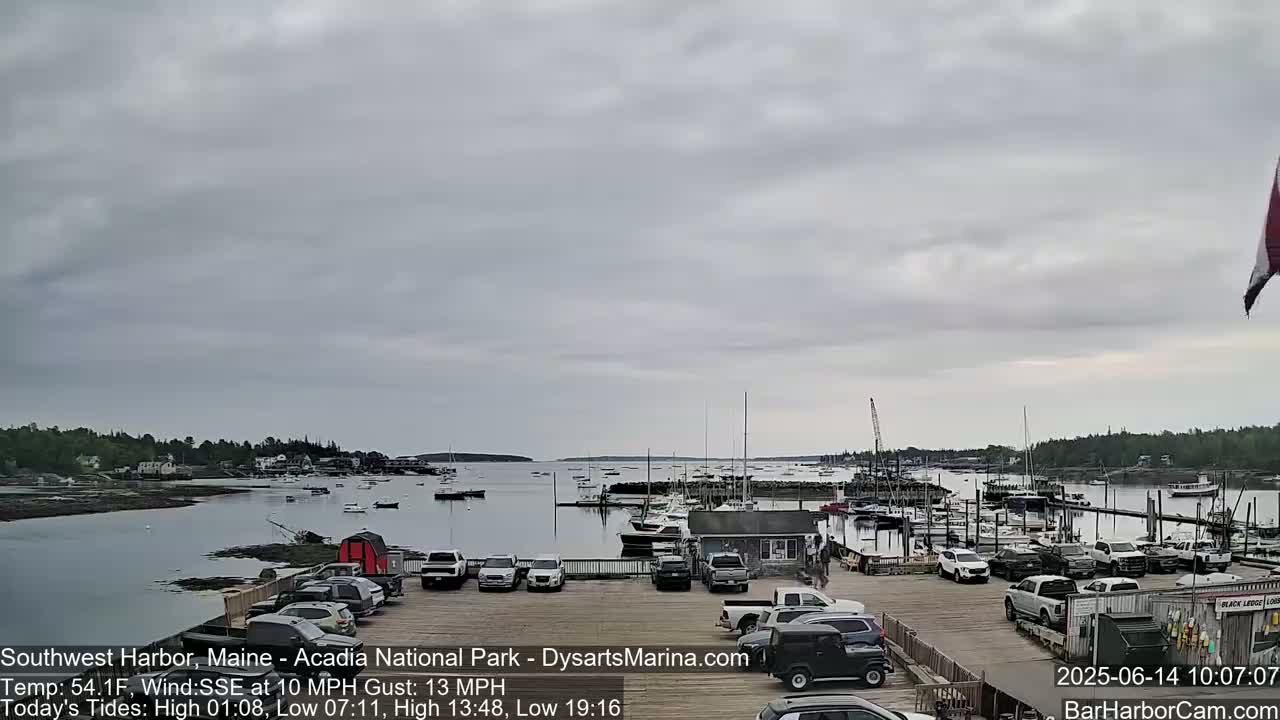 A harbor filled with boats under an overcast sky, with cars parked in a lot on the foreground.
