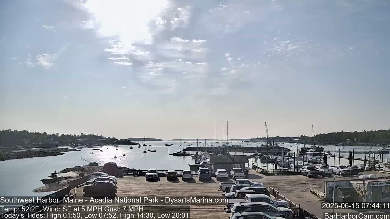 A partly sunny day shows a harbor filled with boats and cars parked in a lot overlooking the water.