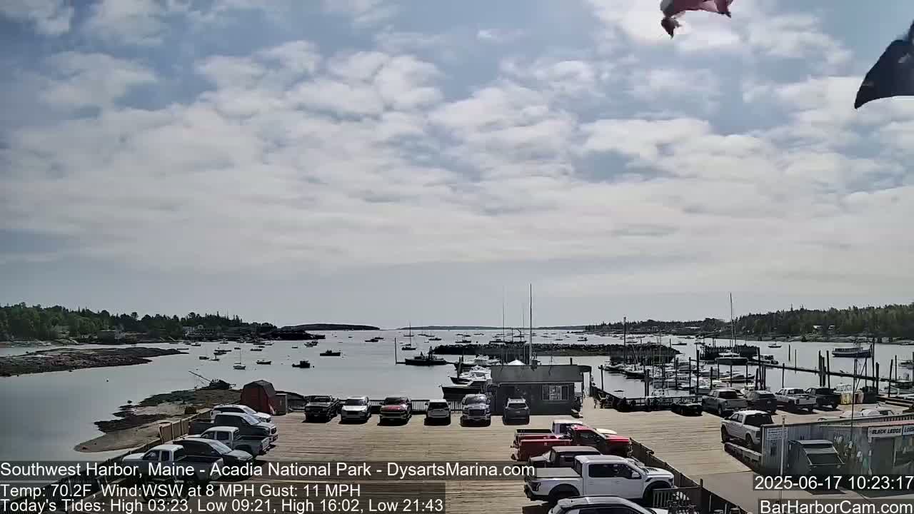 A partly cloudy day shows a harbor with numerous boats, a marina with parked cars, and a shoreline with trees in the background.