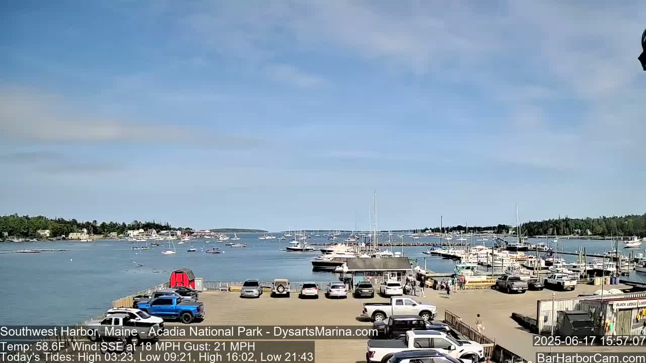 A sunny day shows a harbor filled with numerous boats and yachts, a parking lot with cars, and a shoreline with buildings under a mostly clear blue sky.