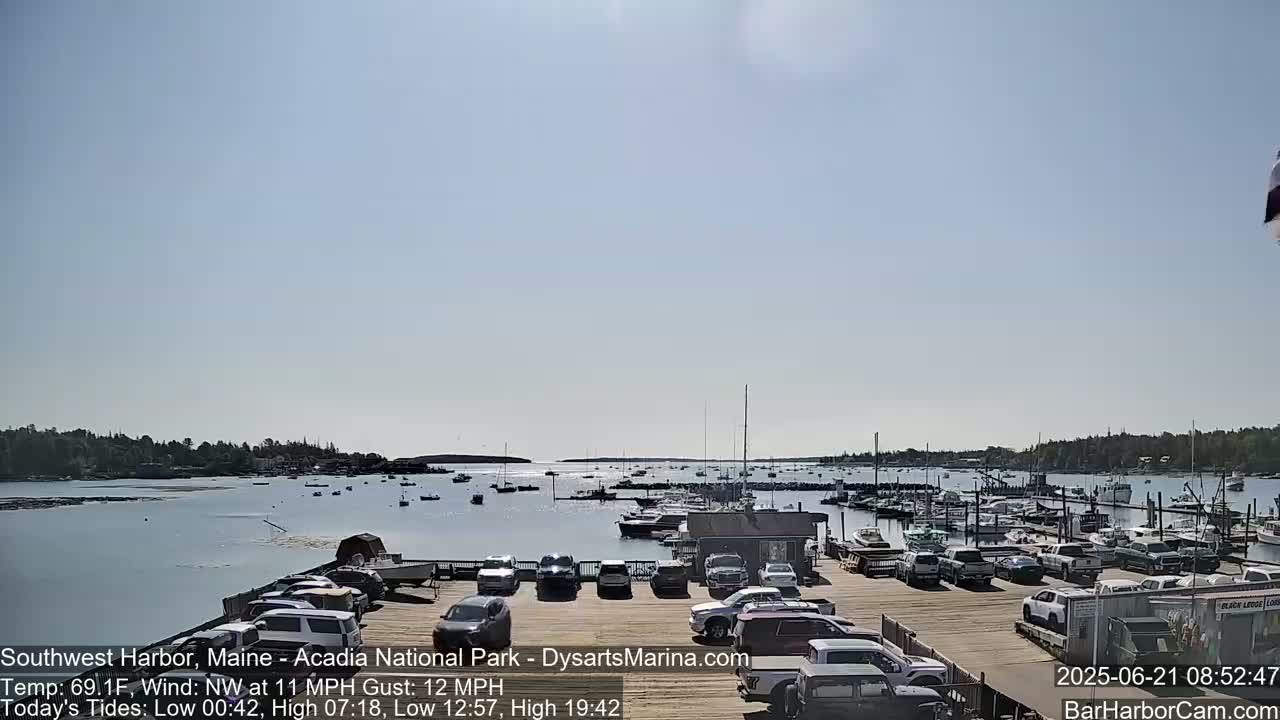 A harbor filled with boats on a sunny day, with a parking lot of cars in the foreground under a mostly clear sky.