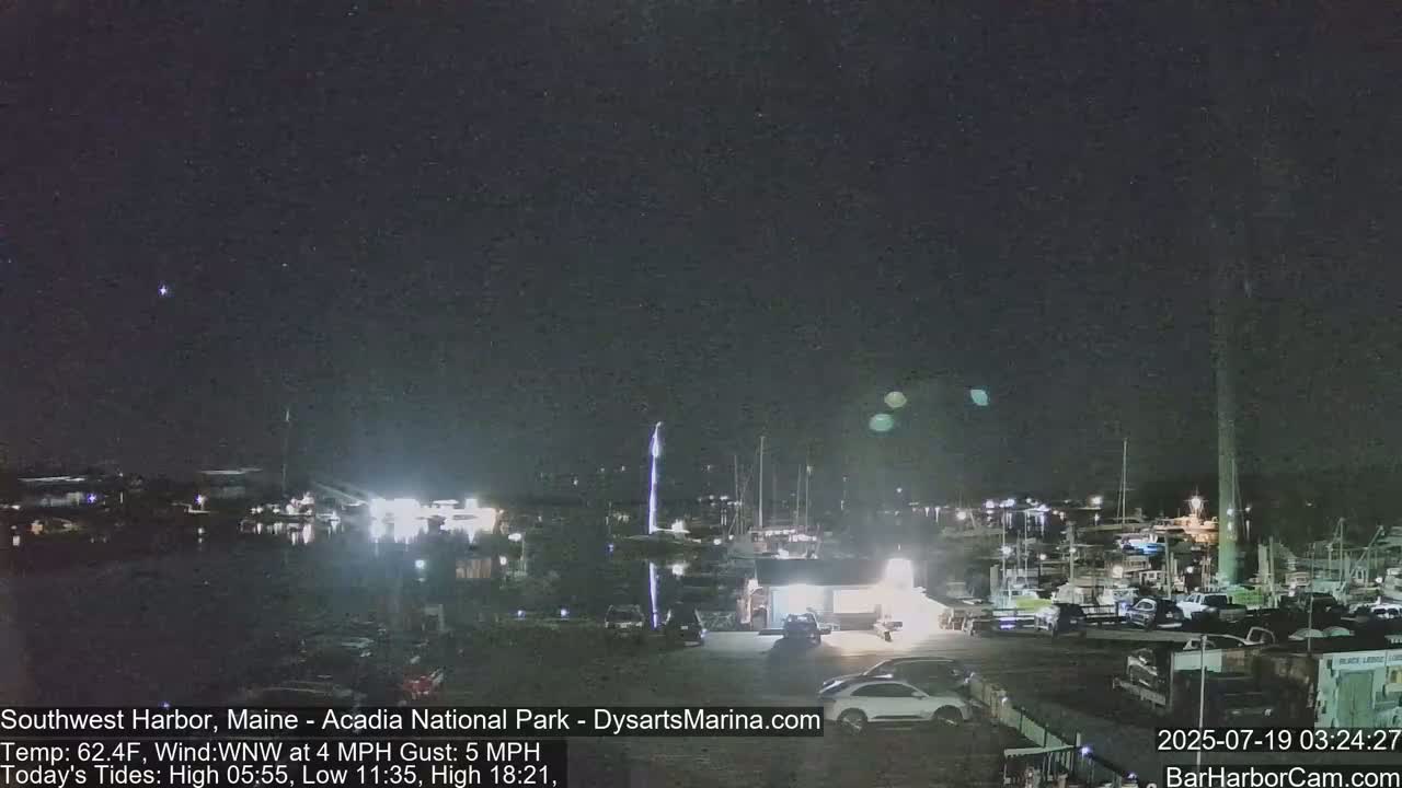 A nighttime view of a harbor filled with boats and cars parked nearby under a clear, dark sky.