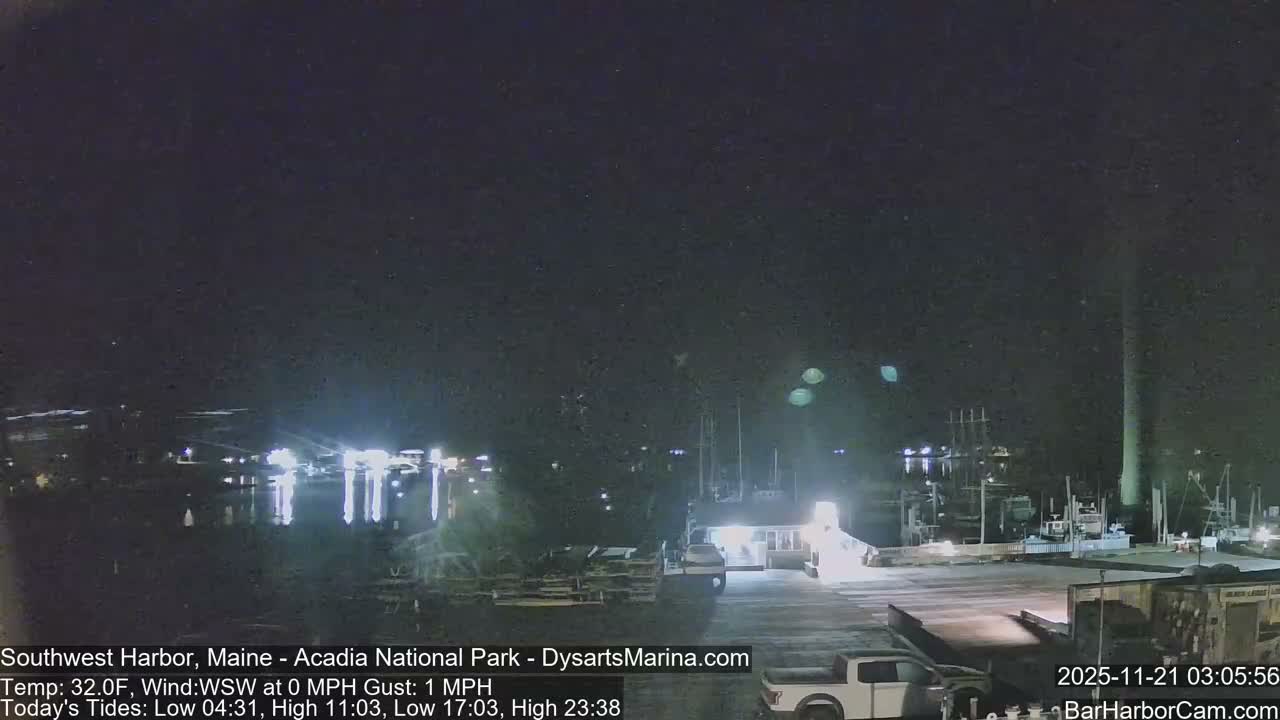 A clear, dark night scene reveals a brightly lit marina or harbor with boats docked, buildings on a pier, and a white pickup truck, with distant lights reflecting calmly on the water.