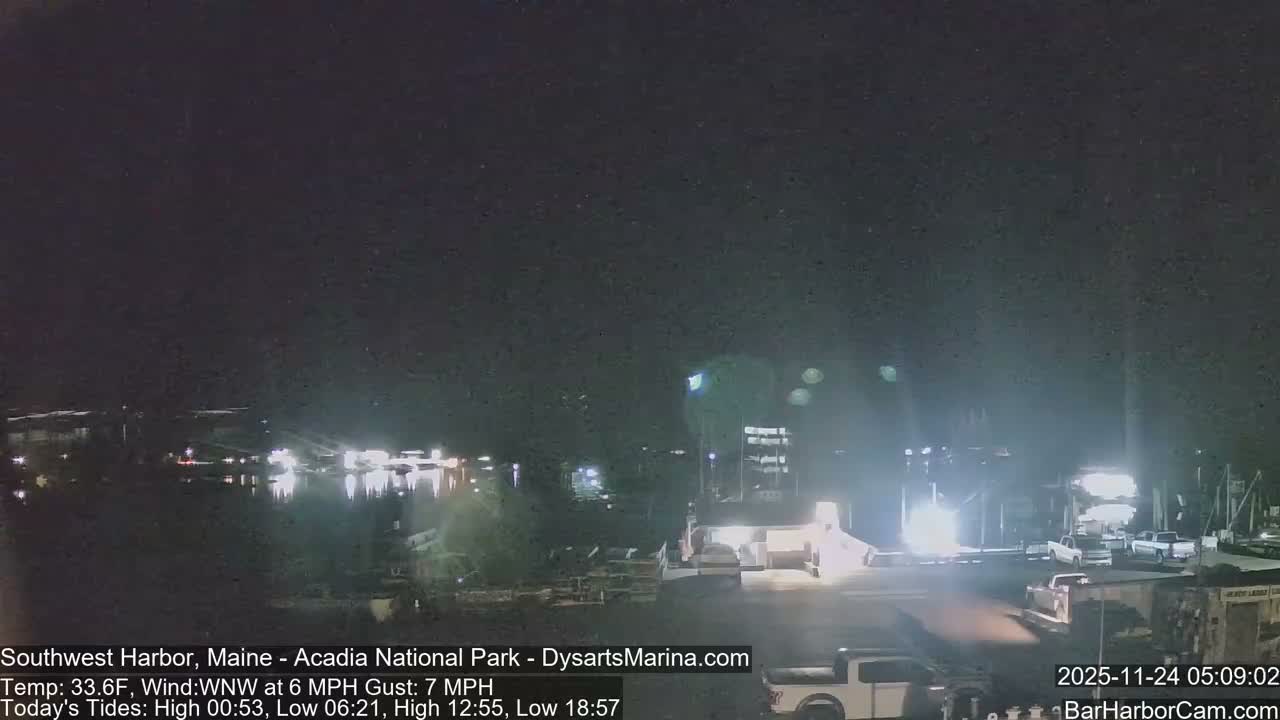 The image displays a clear, dark night scene overlooking a brightly lit harbor with buildings, boats, and parked vehicles visible along the waterfront.
