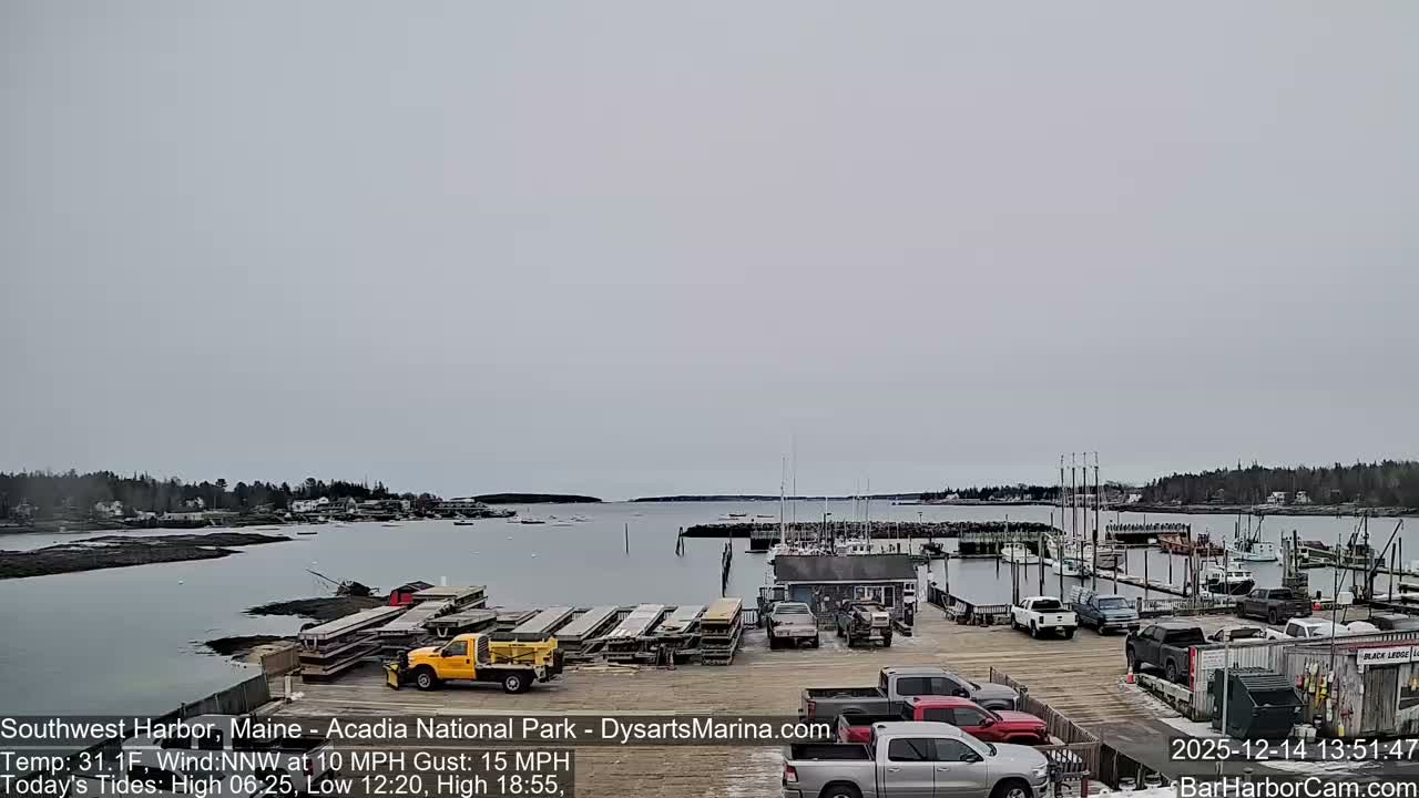 The image displays an overcast, dark night scene of a well-lit harbor or marina with various buildings and boats, casting reflections on the calm water.