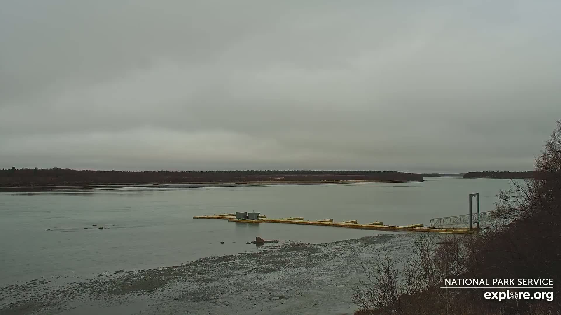 A wide, calm river under an overcast sky stretches toward a treeline in the distance, featuring a small dock in the foreground.
