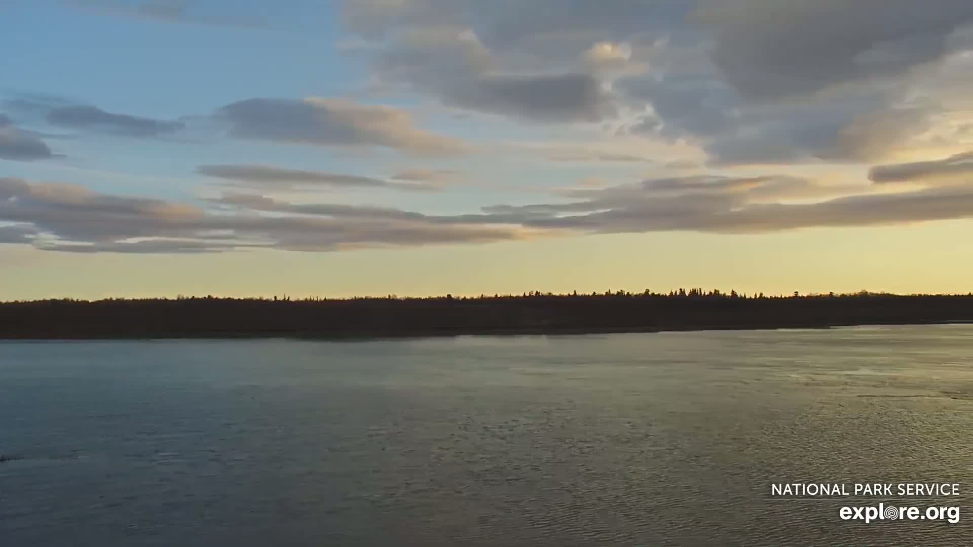 A calm body of water stretches out before a dark tree line under a pale sky with thin clouds.