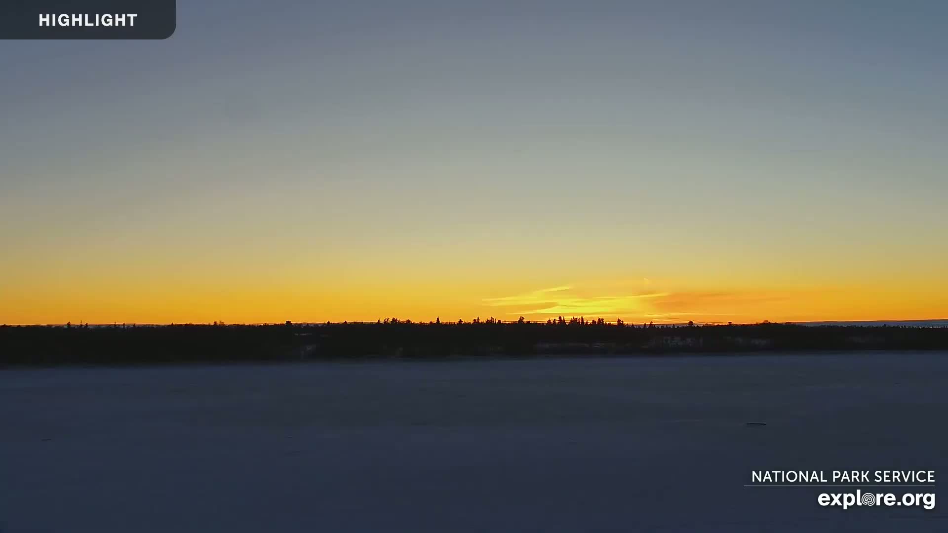 A silhouetted treeline sits on the horizon of a snow-covered expanse of land as the sun sets, creating a yellow and orange sky.