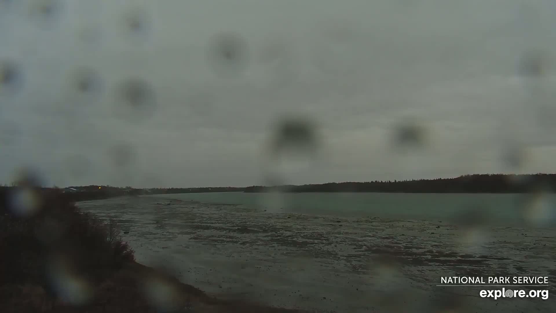 A rain-streaked view shows a wide, muddy riverbank leading to a calm body of water, bordered by a dark line of trees under an overcast sky.