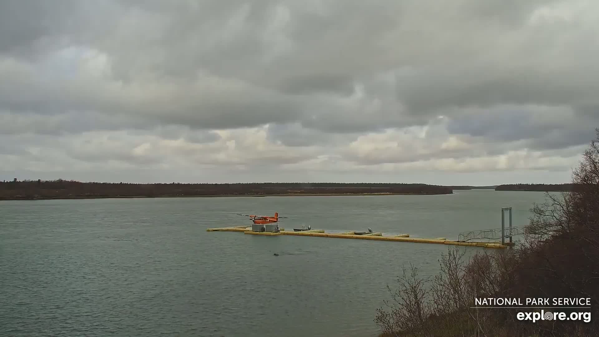 A small, orange seaplane sits on a dock in a calm, gray-clouded waterway, with a treeline visible in the distance.