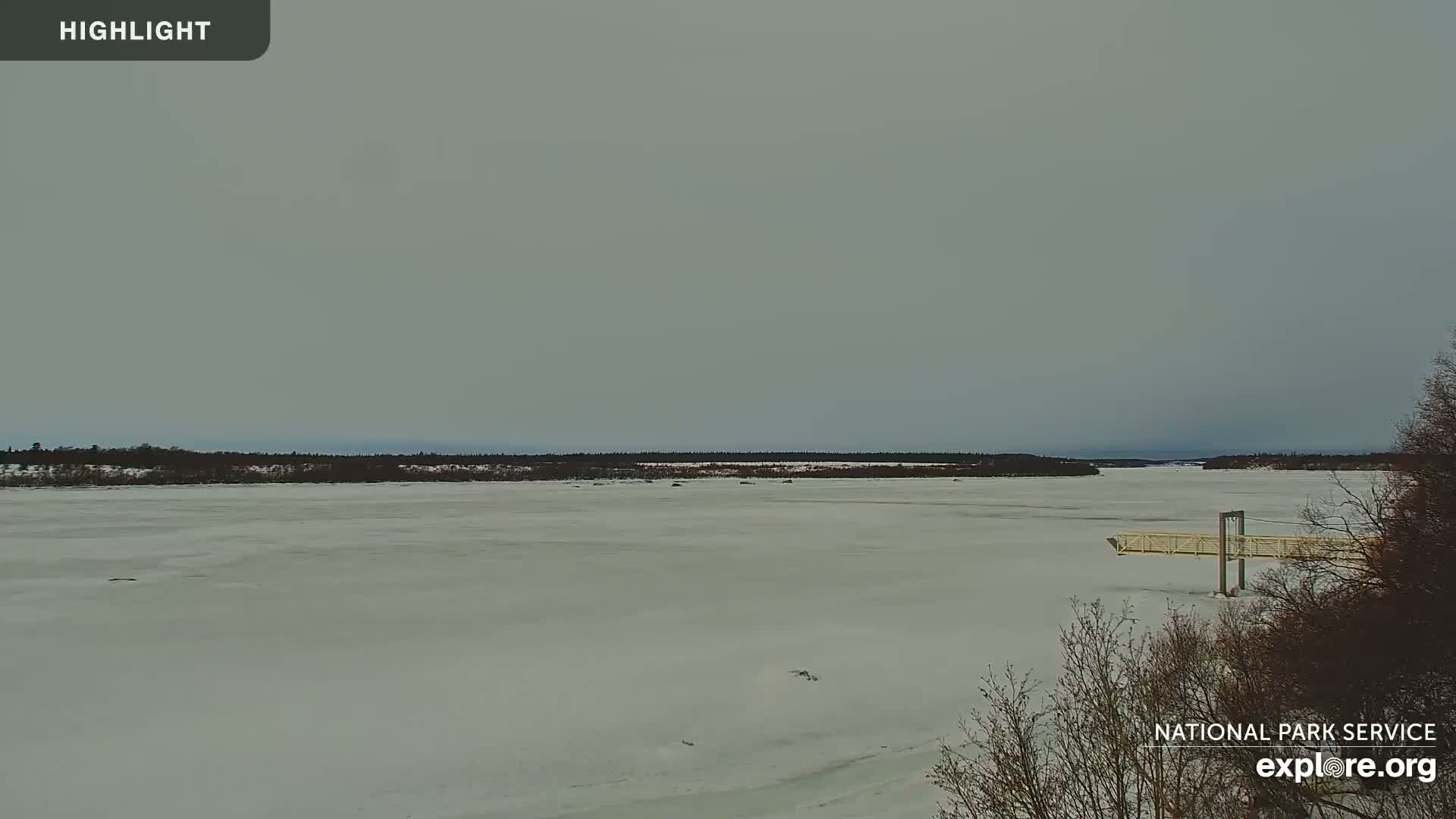 A wide, frozen river stretches out under an overcast sky, with a treeline visible on the far shore and a small structure near the riverbank.
