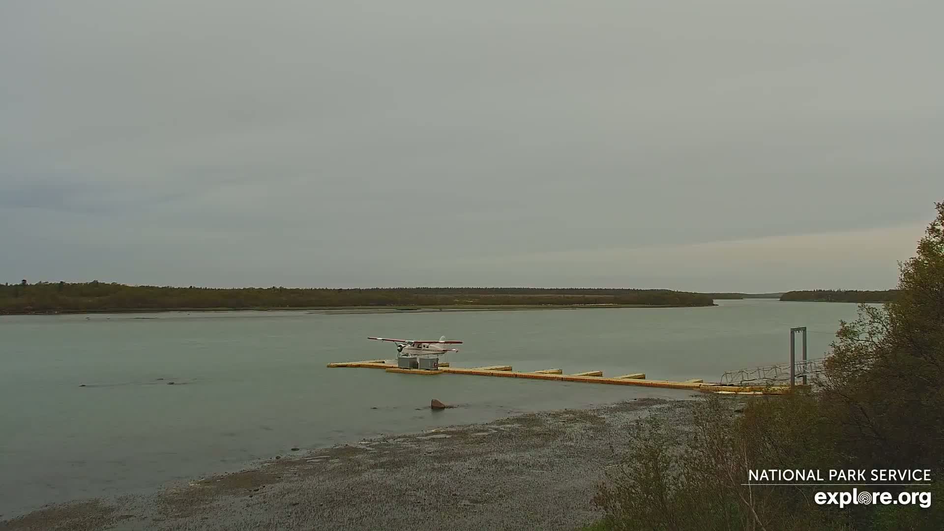A small seaplane sits on a dock in a calm river under an overcast sky, with low-lying forested land in the distance.