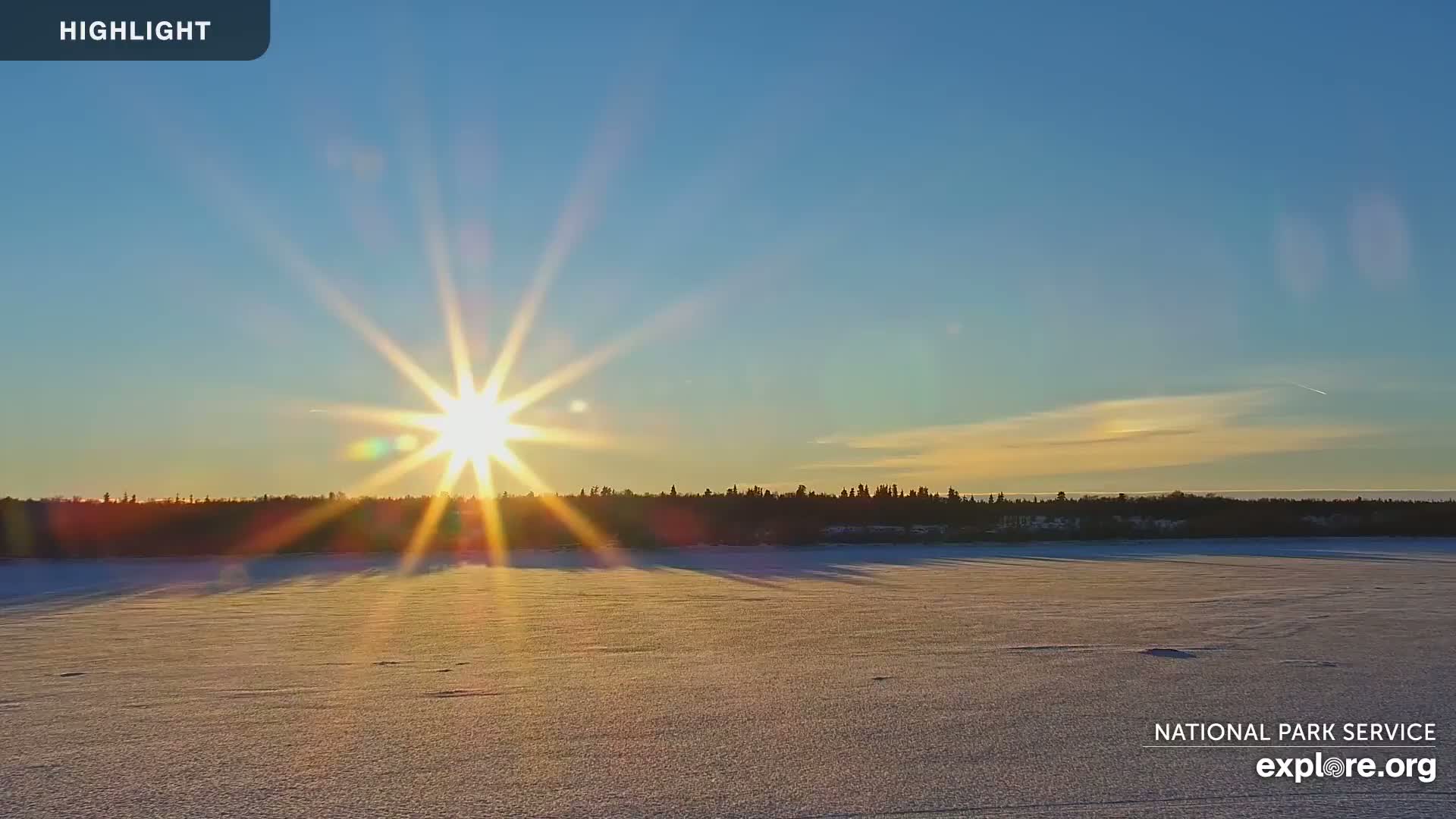 A bright, starburst sun shines over a snow-covered, flat expanse of land with a dark treeline in the distance under a clear, pale blue sky.
