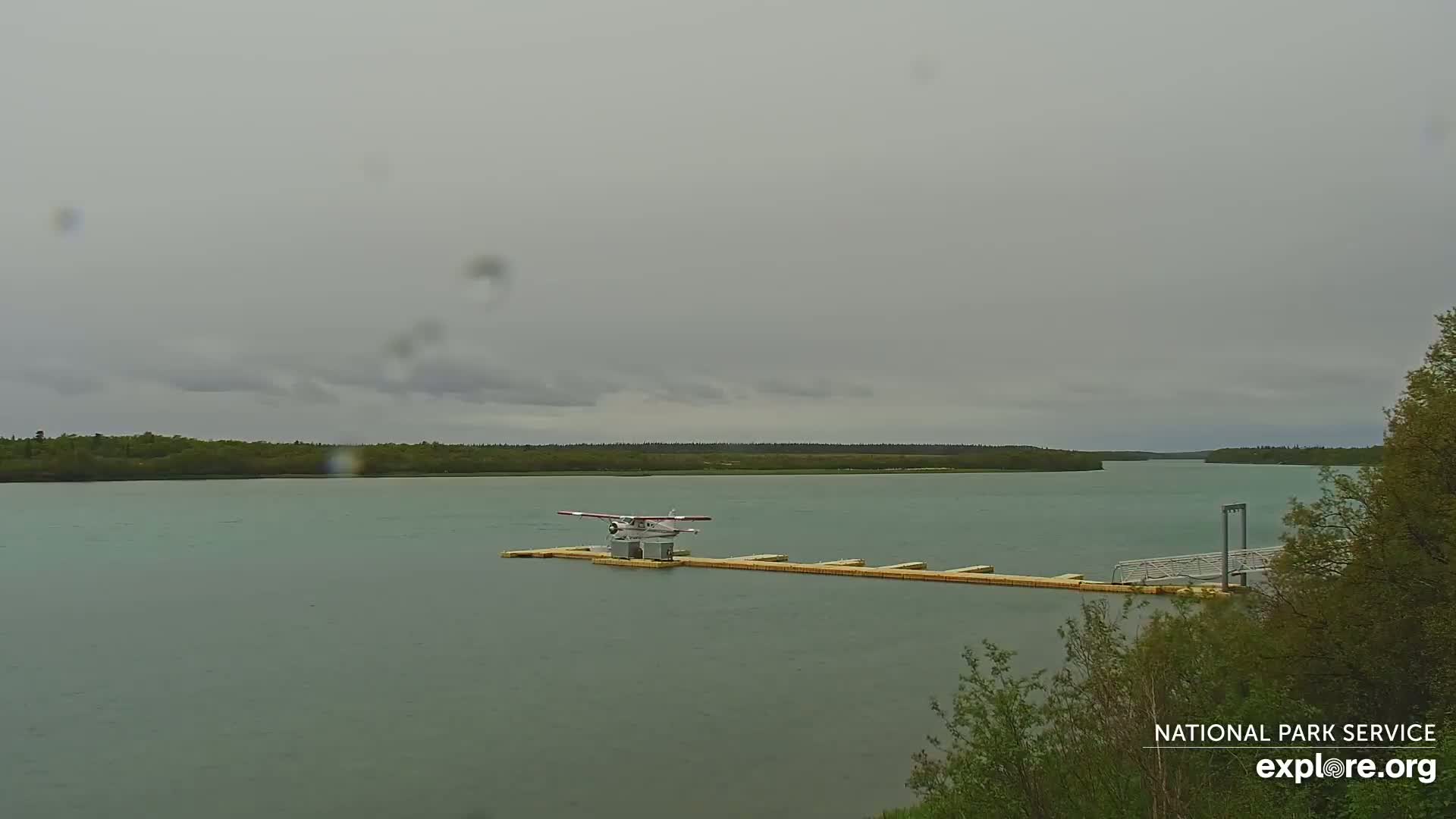 A seaplane sits on a dock on a calm, overcast body of water, with green trees lining the far shore.