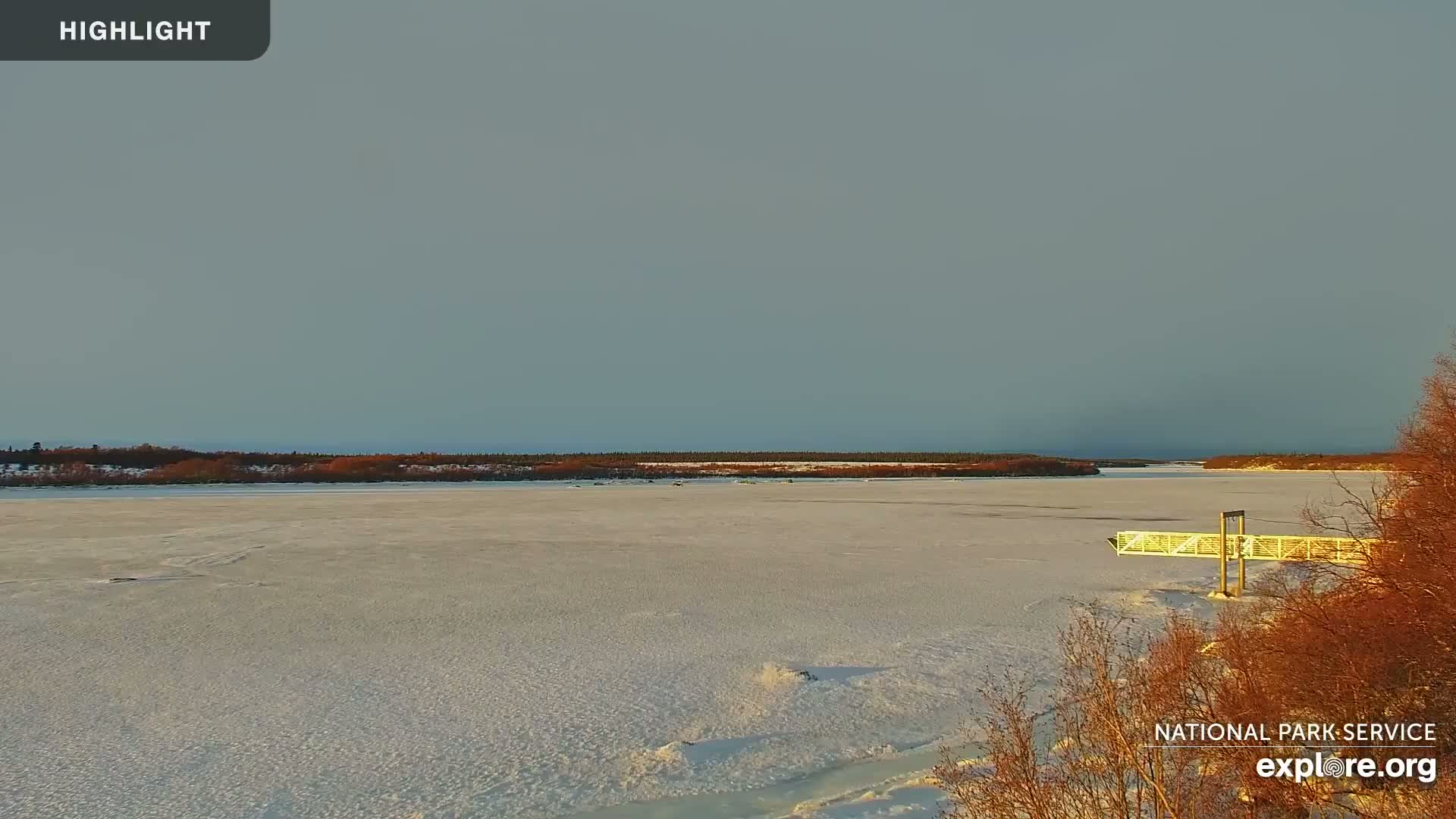 A wide, snow-covered river stretches to a treeline under a pale, overcast sky.