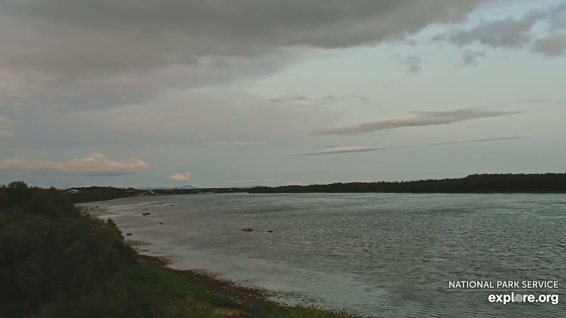 A wide, calm river flows under an overcast sky, with dark green vegetation lining the near shore.