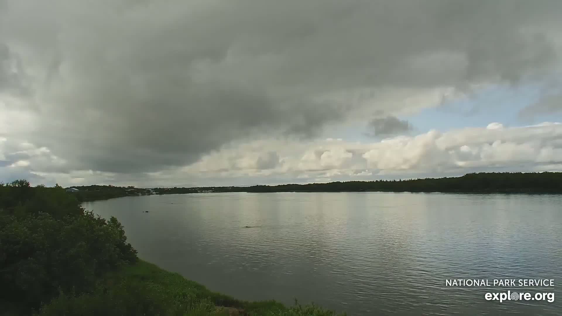 A wide, calm river is seen under a mostly cloudy sky, with lush green vegetation along the riverbank in the foreground.