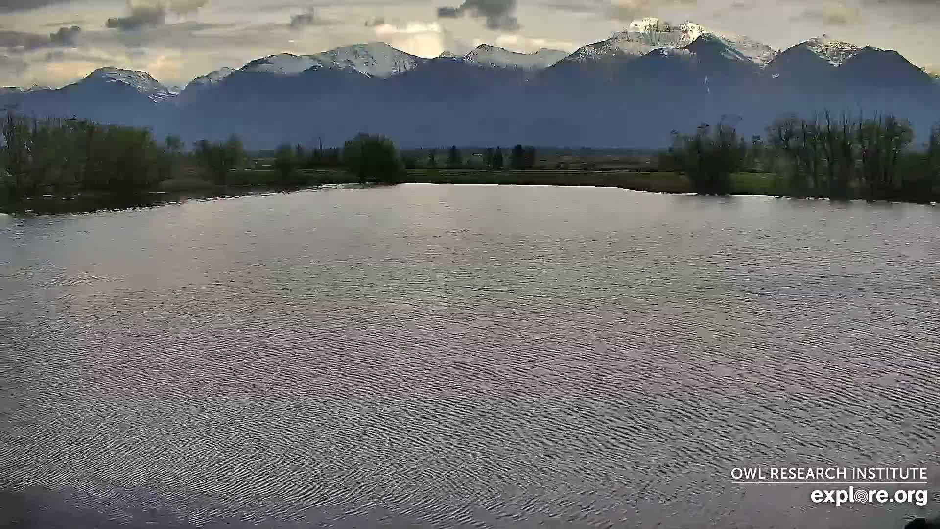 A calm body of water reflects a partly cloudy sky and snow-capped mountains in the distance.