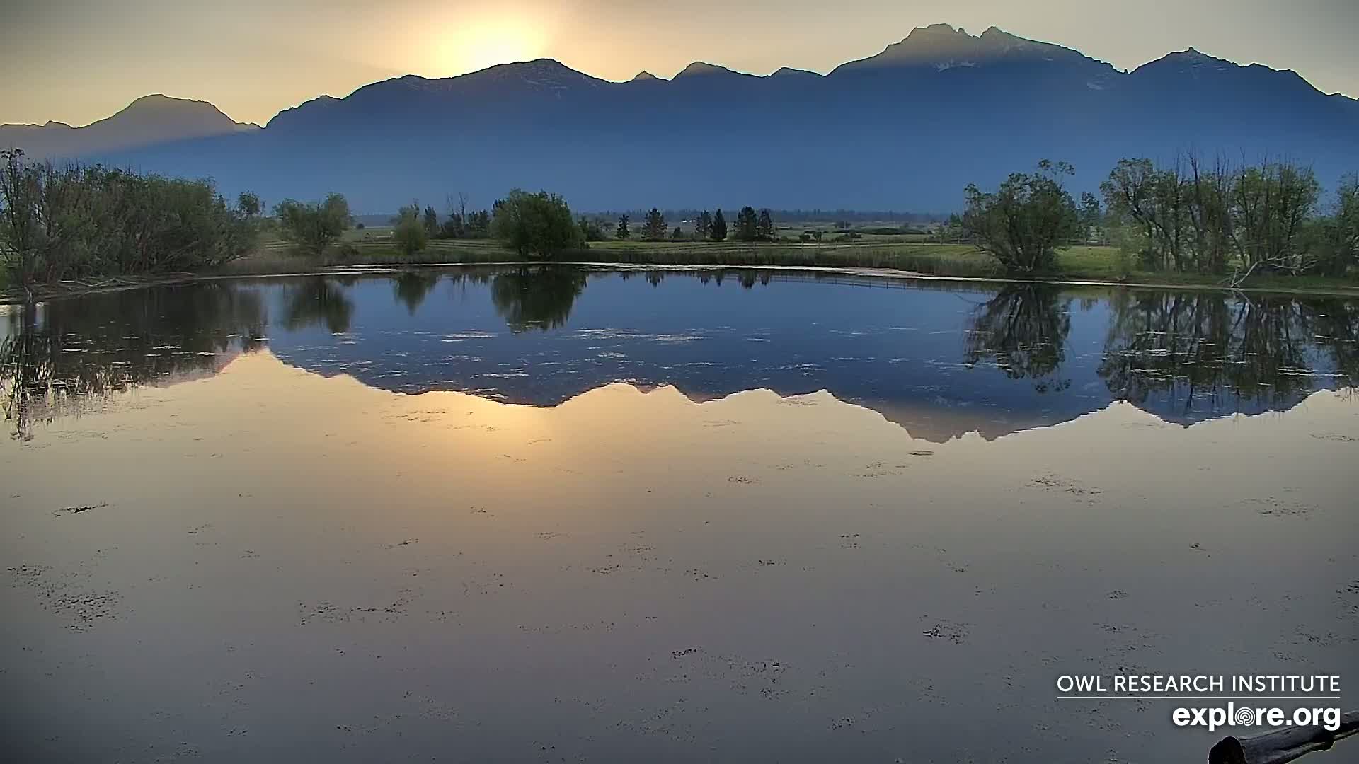 A calm body of water reflects a mountain range at sunrise, with trees lining the shore.