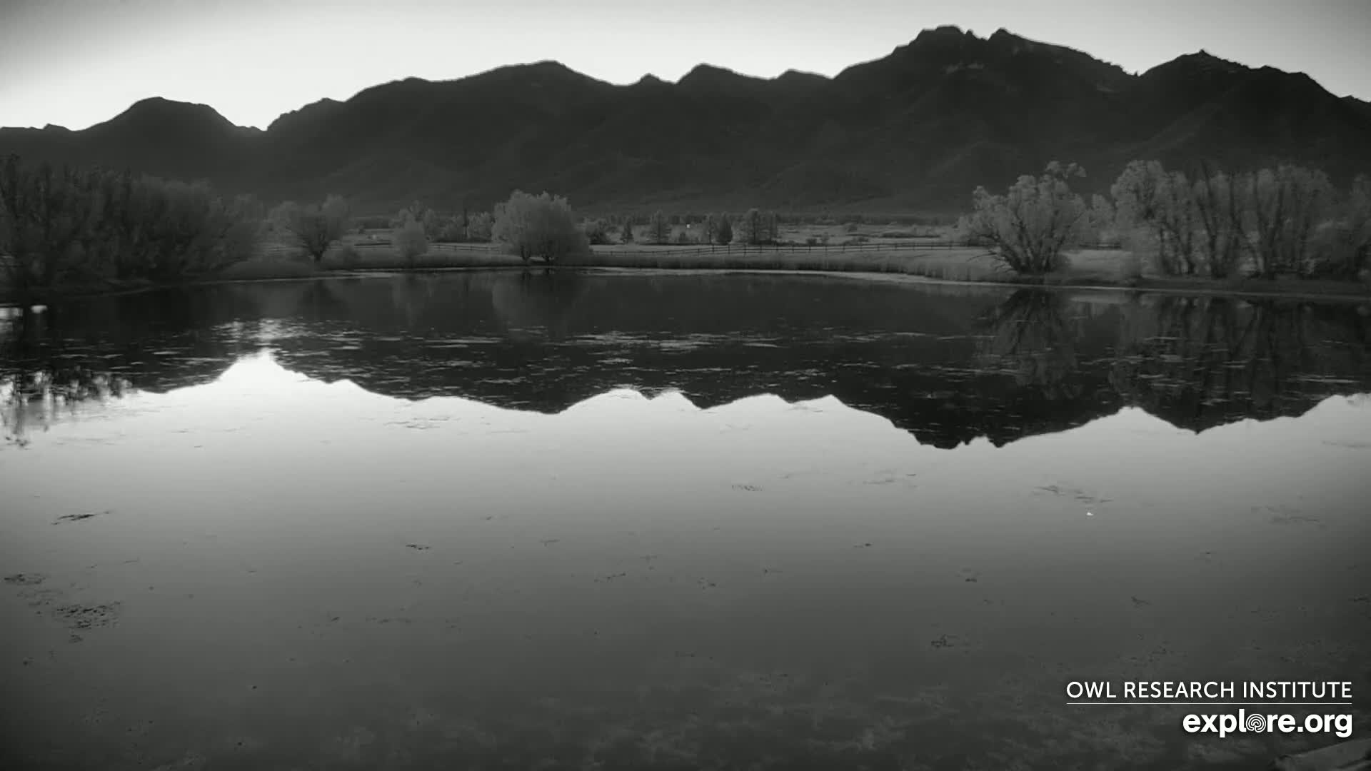 A calm body of water reflects a mountain range under a pale sky.