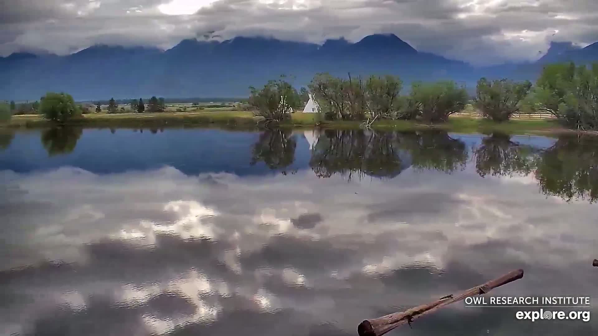 A calm body of water reflects a cloudy sky and a distant mountain range, with a small structure visible on the far shore.
