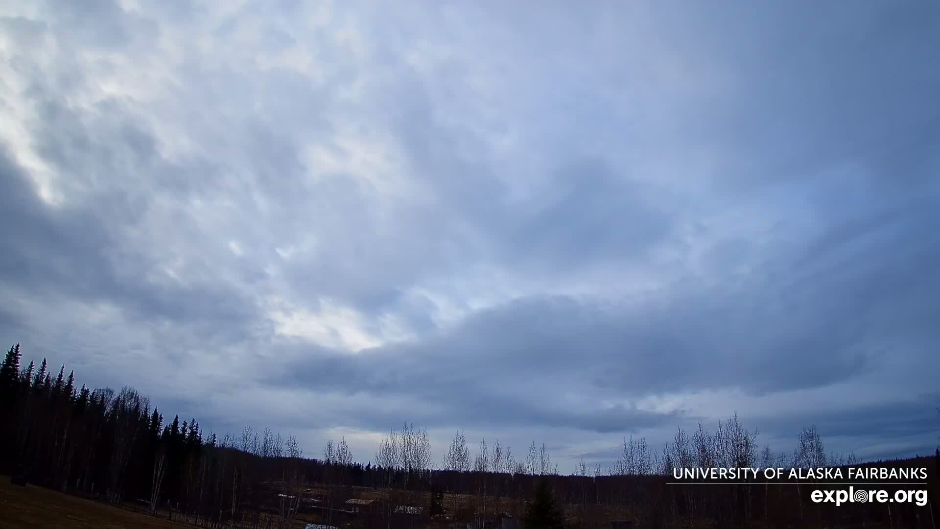 A mostly cloudy sky hangs over a flat landscape of sparsely treed land.