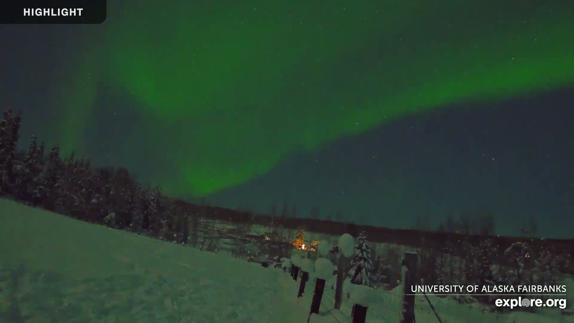 A vibrant green aurora borealis illuminates a snowy landscape at night, behind a snow-covered fence.