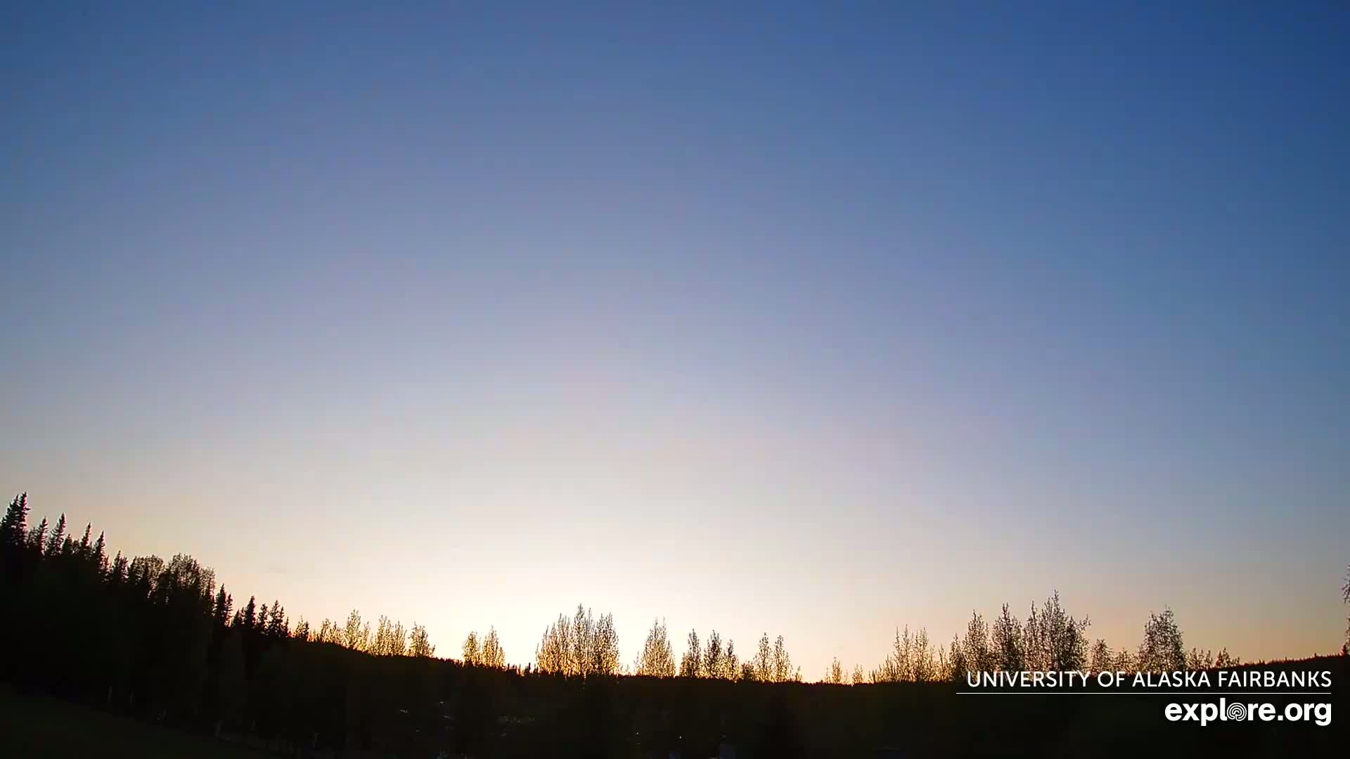 A clear, twilight sky shows a setting sun behind a silhouetted line of trees.