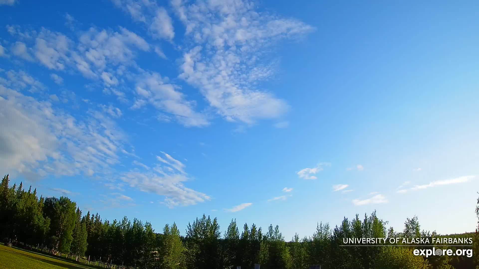 A mostly clear blue sky with scattered cirrus clouds is over a line of green trees and a grassy field.