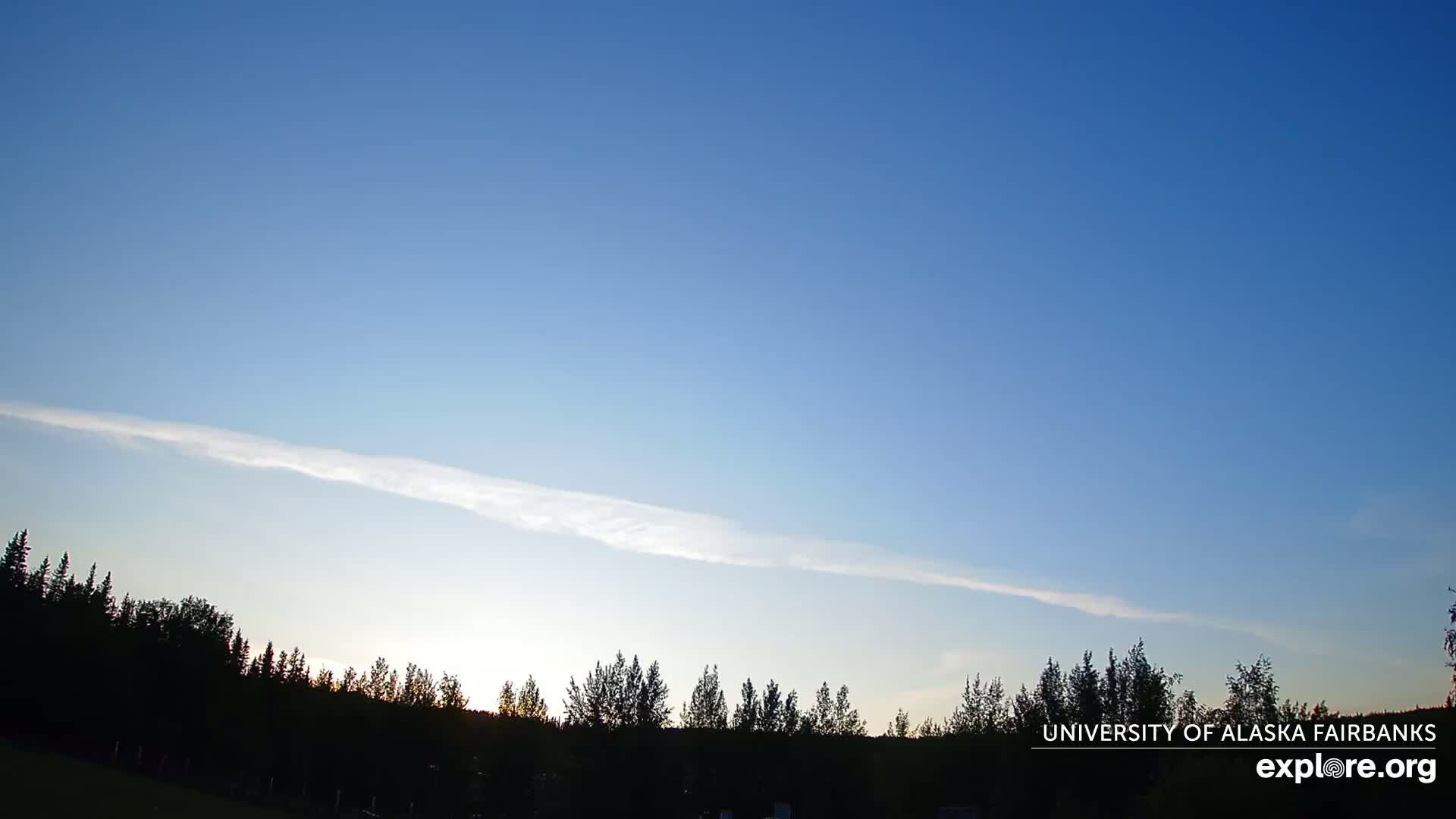 A mostly clear blue sky with a thin, horizontal cloud and a silhouetted line of trees at the bottom.