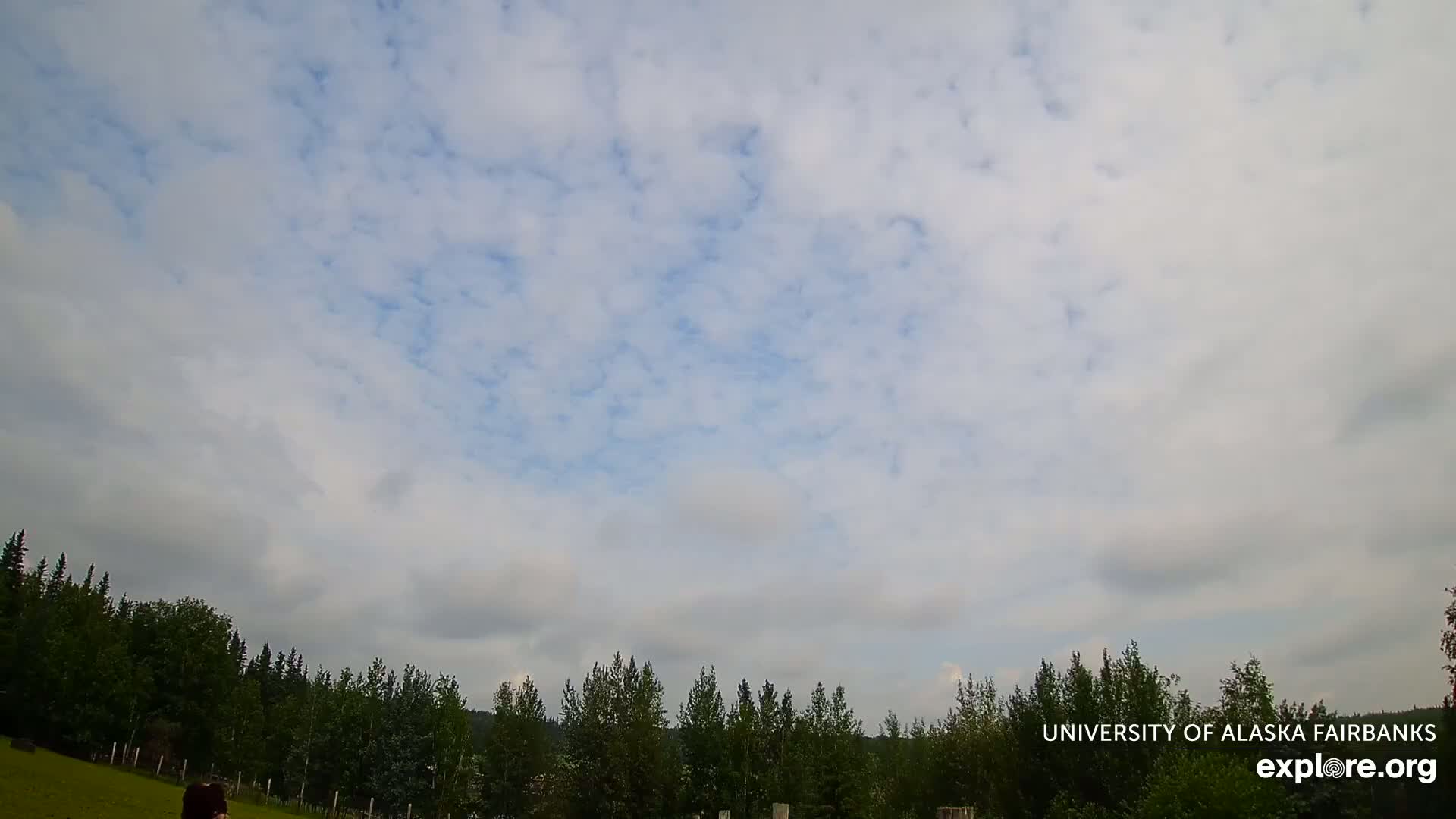 A mostly cloudy sky with scattered patches of blue is visible above a line of green trees.