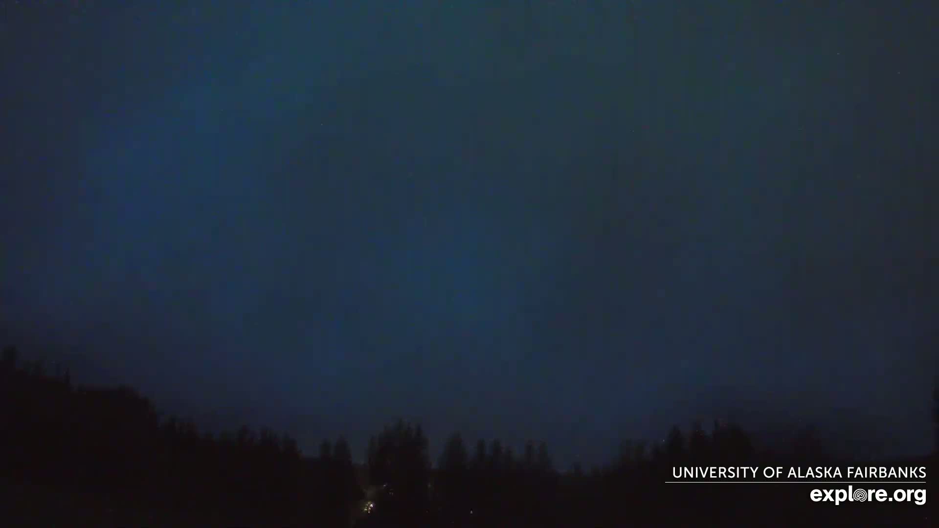 A mostly cloudy sky, with some brighter areas, hangs over a dark line of trees.