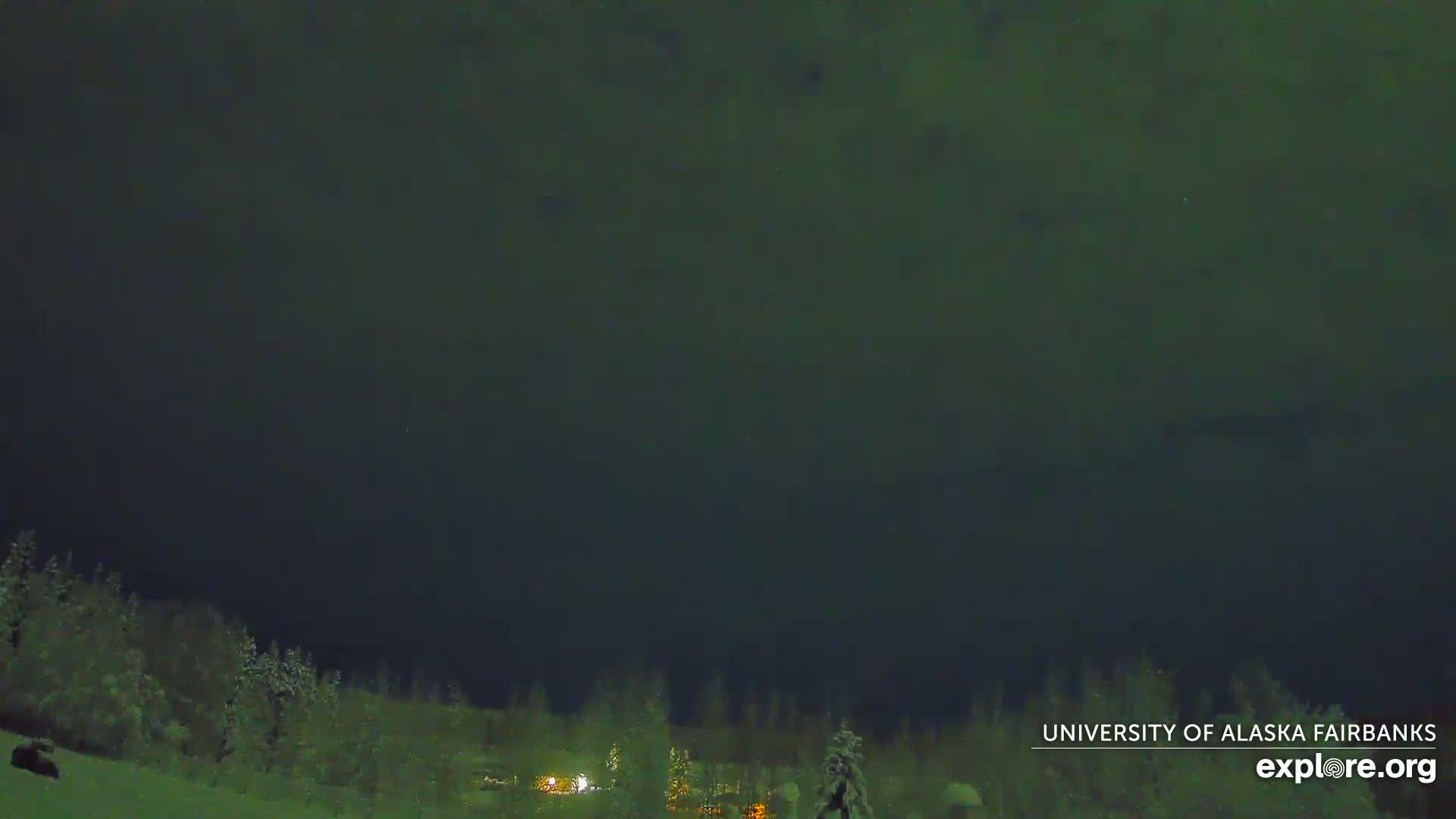 A faint green aurora borealis illuminates a snow-covered, forested landscape under a clear night sky, with distant lights visible.