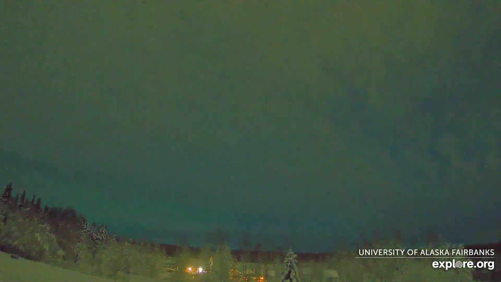 A snow-covered winter landscape at night is illuminated by a vibrant green aurora borealis across the sky, with distant lights hinting at human habitation.