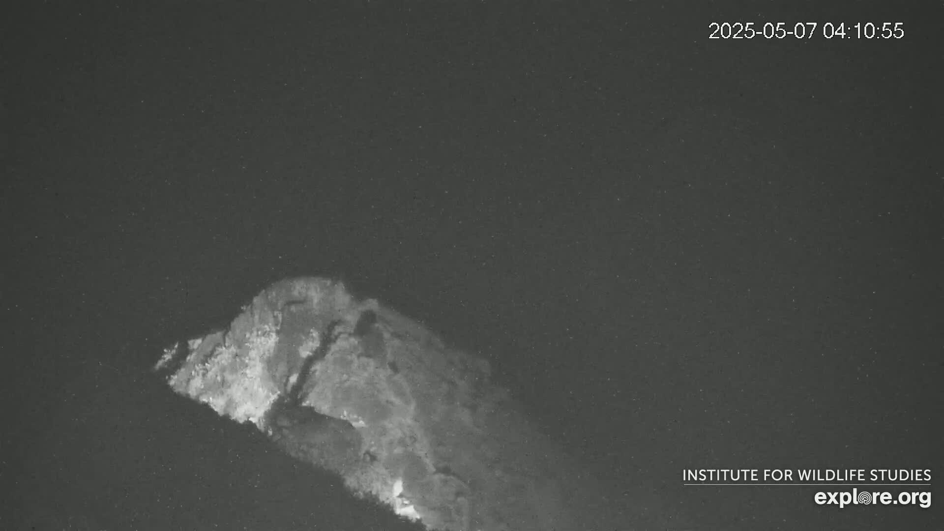 A nighttime, low-light image shows a rocky, possibly volcanic, outcropping glowing faintly.