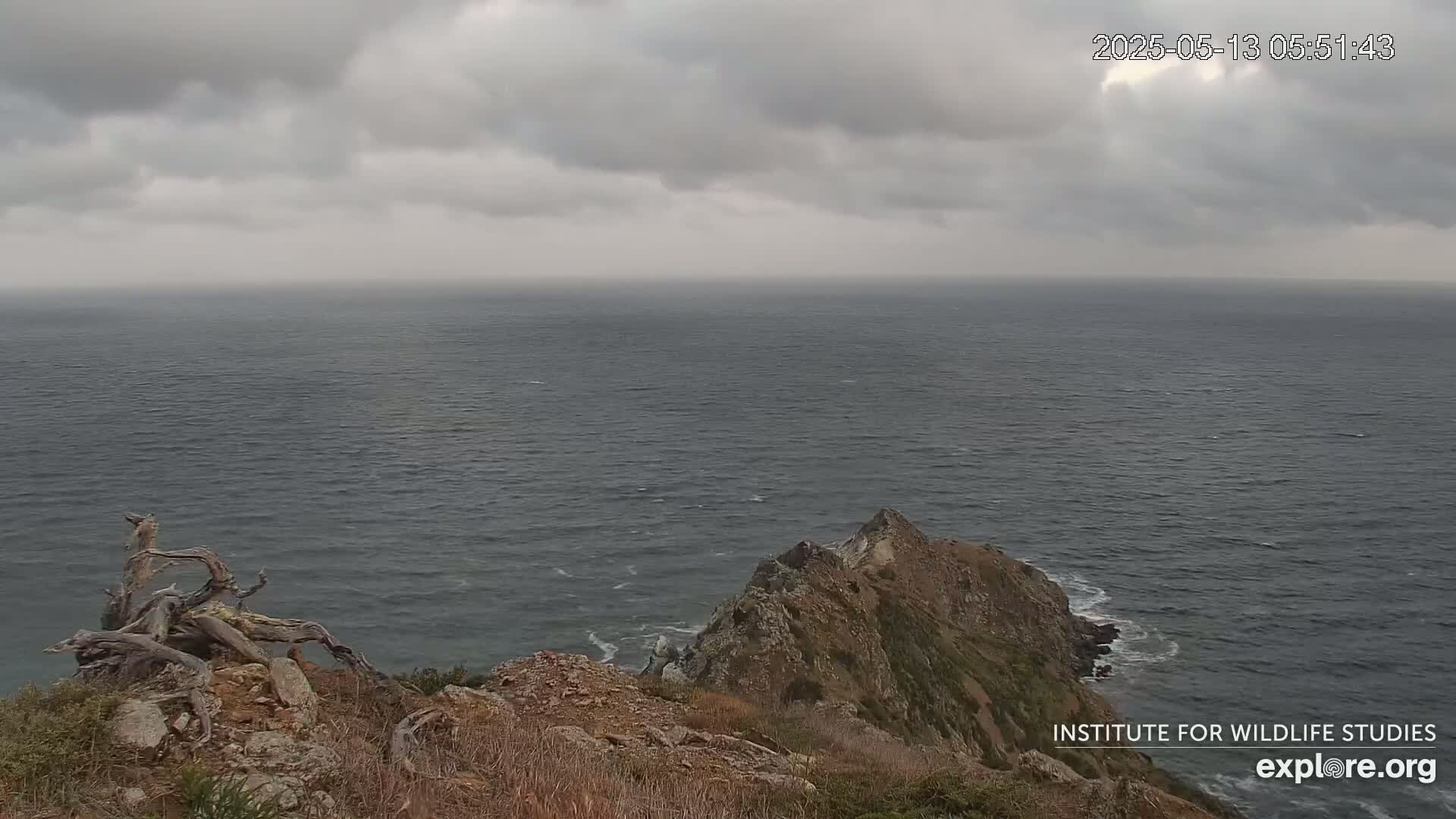 A rocky cliff overlooking a dark, choppy ocean under a cloudy sky.