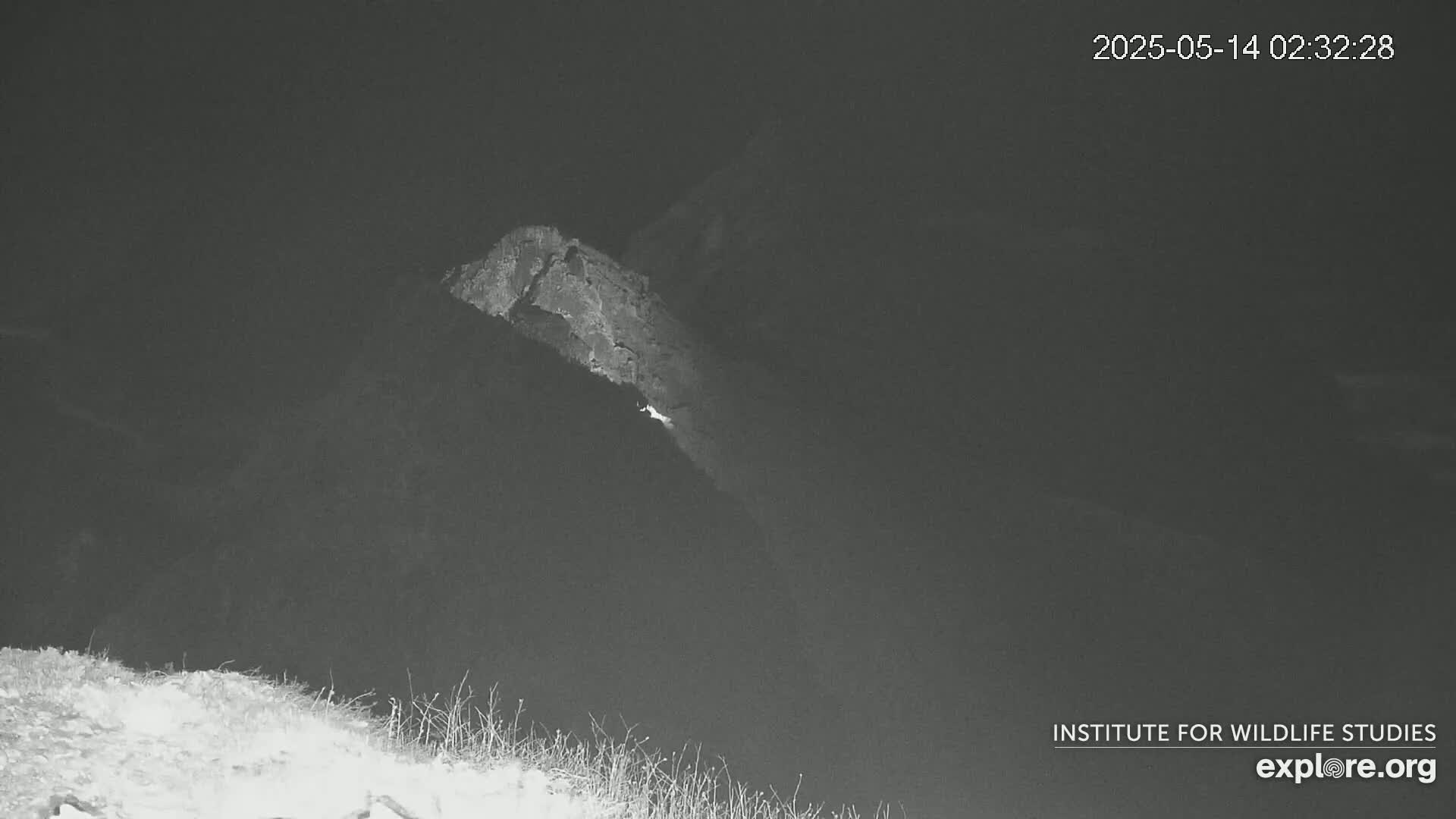 A nighttime, low-light image shows a rocky, cliff-like formation with a faint light source emanating from its side, overlooking a dark, possibly shadowed, valley.