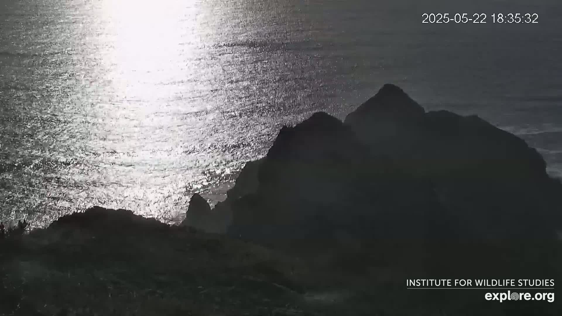 Silhouetted rocky outcrops are visible against a glittering ocean at sunset.