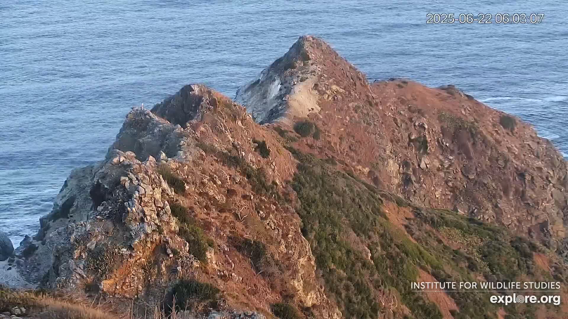 A rocky, reddish-brown coastal cliff overlooking a calm blue ocean.