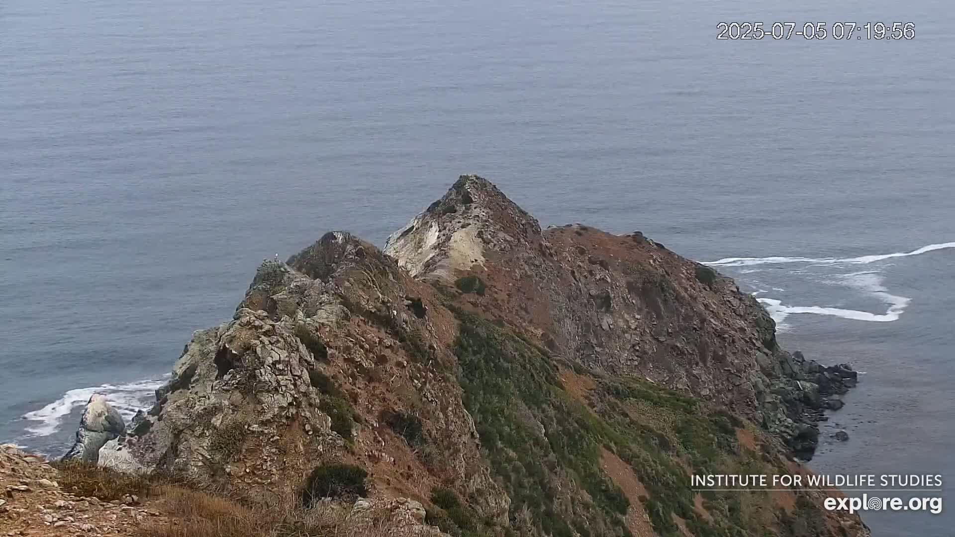 A rocky, mountainous coastline with sparse vegetation overlooks a calm ocean with small waves.