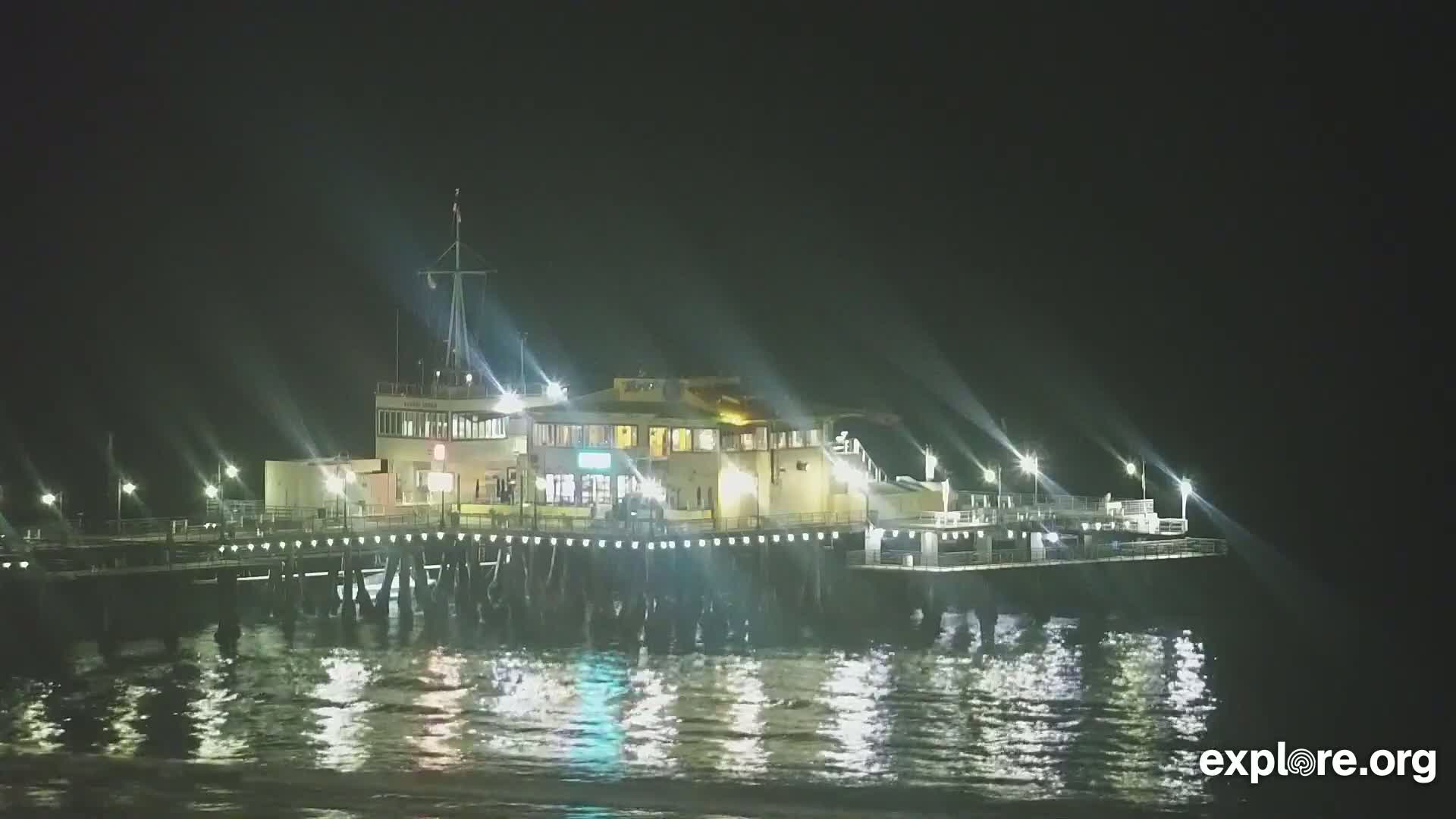 A brightly lit pier with a building on it sits on calm, dark water at night.