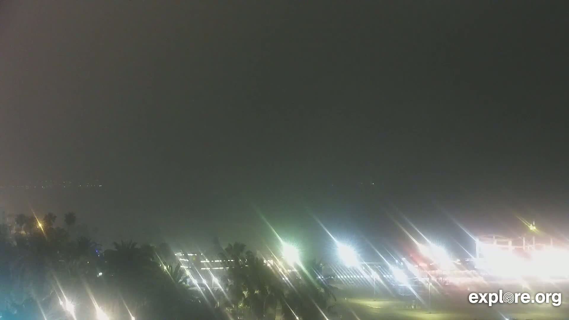 A hazy night scene shows a coastal area with palm trees and brightly lit buildings in the foreground, and a dark, hazy body of water beyond.