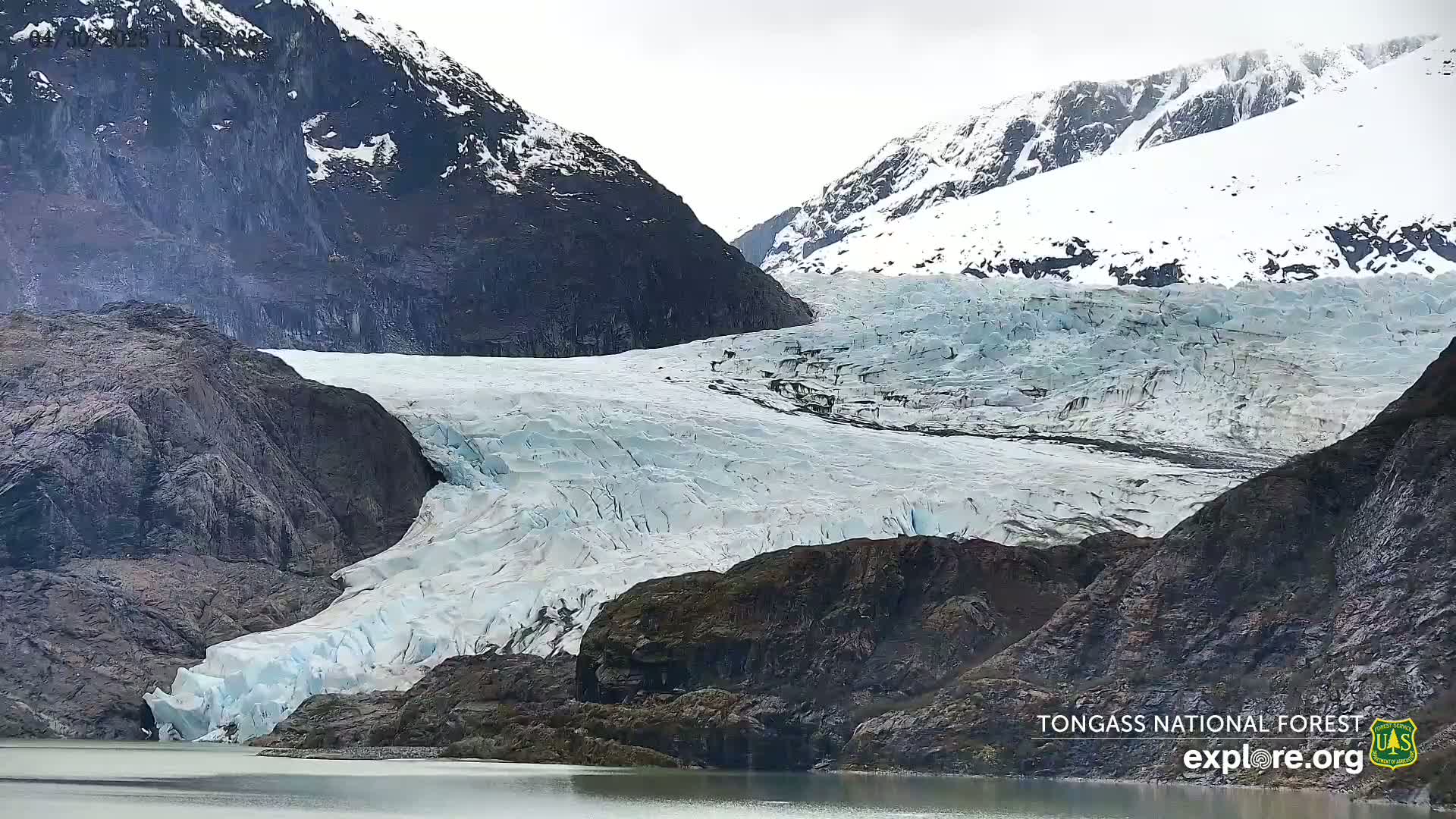 A large glacier flows between dark, snow-dusted mountains into a calm body of water under an overcast sky.