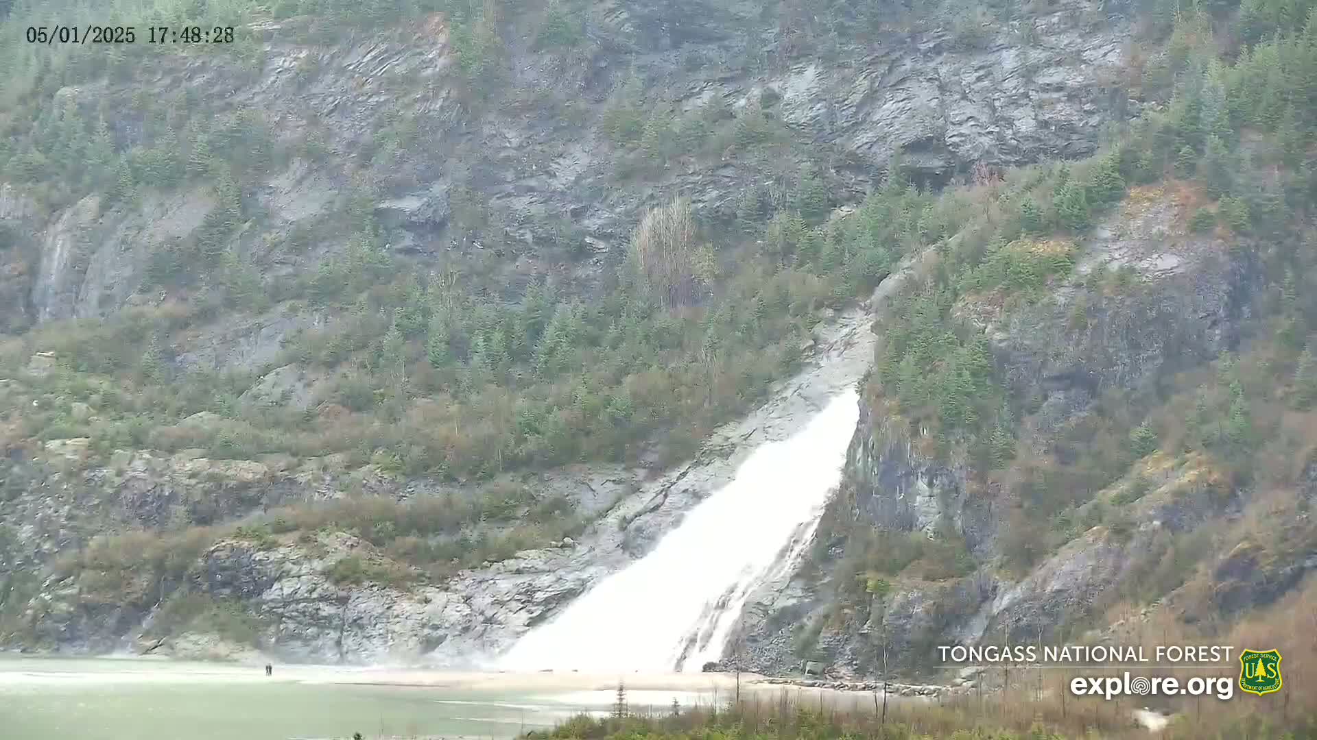 A large waterfall cascades down a rocky hillside covered in sparse, green vegetation in overcast conditions.