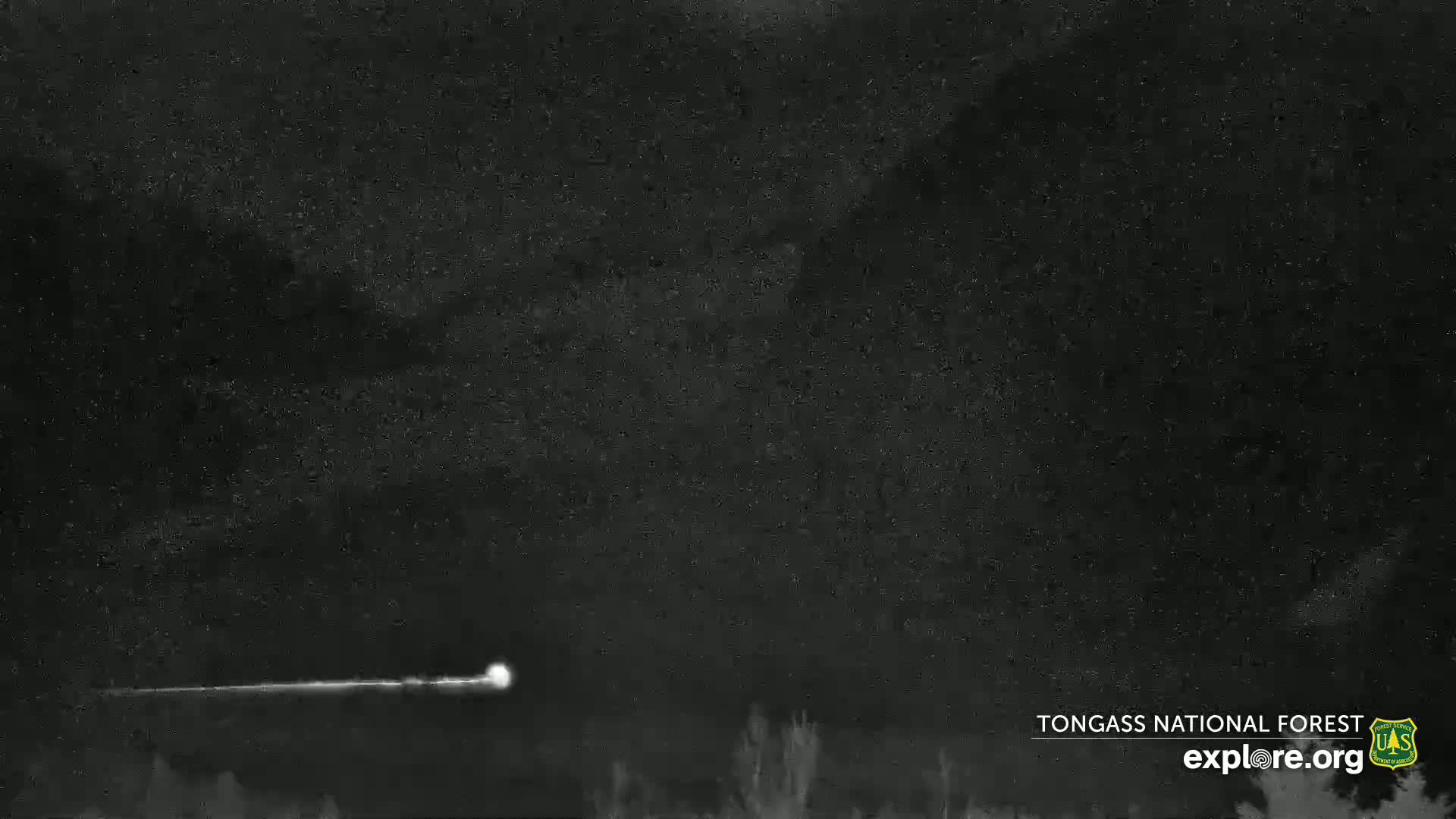 A bright meteor streaks across a dark night sky above a silhouetted landscape.